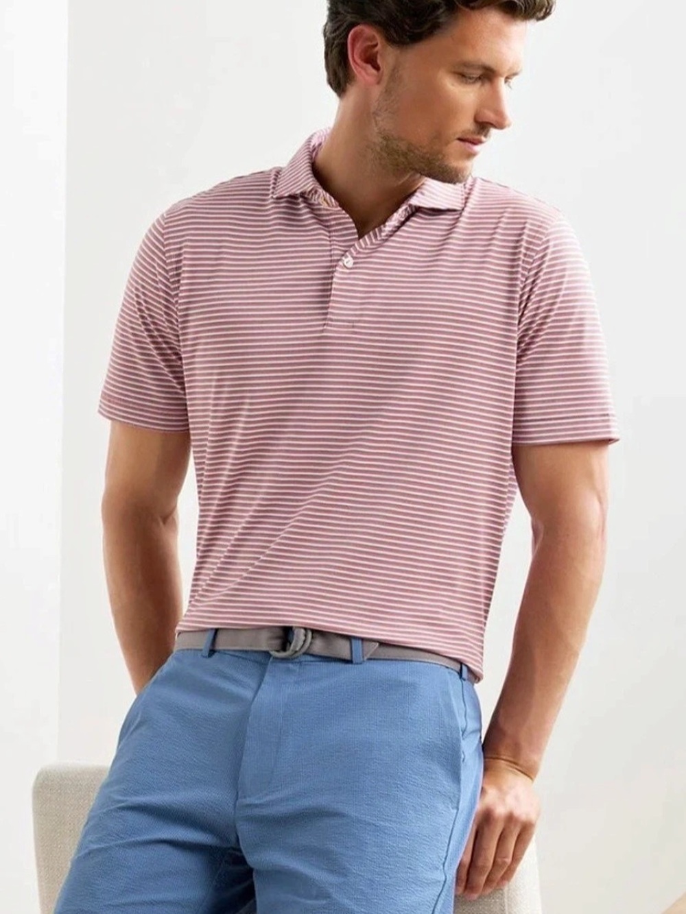Peter Millar Summer Comfort Performance Stripe Polo Men's Pink & White Large